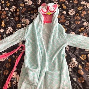 Kids/can fit adult S, Owl bathrobe soft material with cute hood and pink belt